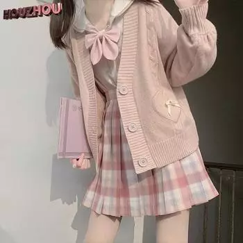 Kawaii куртка-кардиган, весна-осень, японская мода, женский винтажный укороченный вязаный свитер с милым бантом, корейское школьное пальто JK S розовый