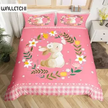 Kawaii Rabbit Duvet Cover Cartoon Animal Bedding Set Geometry Grid Checkered Comforter Cover Colorful Flowers Butterfly Bed Set EU single(135x200cm)