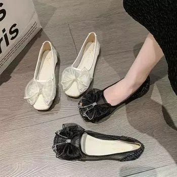 Kawaii Round Toe Flat with Bow Shoes for Women 2024 White Ladies Summer Footwear Cute Black Rhinestone Flats Diamond Crystals E 35
