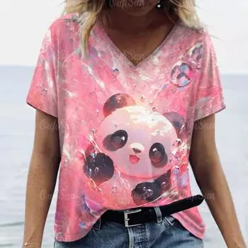 Kawaii женская футболка с принтом панды из мультфильма, топ больших размеров, женская трендовая одежда, модная рубашка с коротким рукавом, женская футболка с V-образным вырезом S