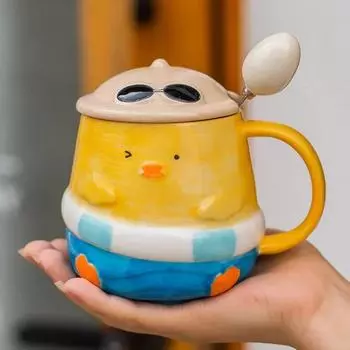 Керамическая чашка с милой курицей 3D и ложкой, креативные кофейные чашки с животными, детская чашка для завтрака с молоком, посуда для напитков 370ml синий