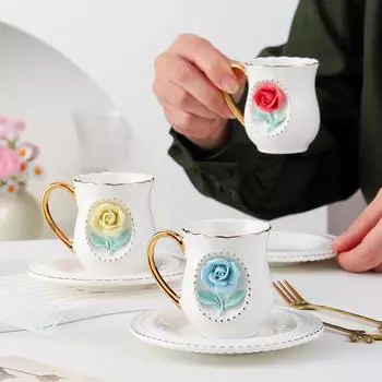 Керамическая чашка с розой, набор кофейных чашек, керамическая чашка с цветком ручной работы