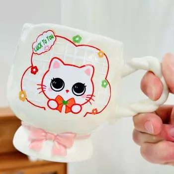Керамическая чашка с высокой ножкой в виде кошки, милая кружка с бантом, высококачественная чашка с изображением лошади, домашний набор, чашка для воды, большая емкость 480ML