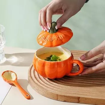 Керамическая чашка в форме тыквы на Хэллоуин с ложкой, кавайная кружка для супа с крышкой, овсяная кружка, креативная чашка для воды и кофе OTHER