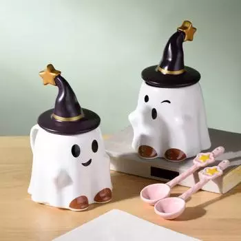 Керамическая чашка Yousheng Halloween Ghost, милая кружка с привидением и крышкой в виде ведьминой шляпы, кофейная чашка для Хэллоуина для украшения стола в домашнем офисе B розовый