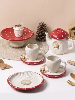 Керамическая кружка для кофе с грибом и крышкой, мультяшный чайник для воды, чашка для молока на завтрак с блюдцем, кухонный кувшин, посуда для питья, подарок на день рождения as picture