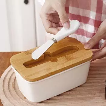 Керамическая масленка с бамбуковой крышкой, нож для масла, прямоугольная герметичная банка, коробка для сыра и масла в западном стиле, банка для хранения, столовая посуда