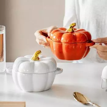 Керамическая миска в форме тыквы с крышкой Тыквенное рагу Посуда для выпечки Декоративная керамическая посуда Декоративная миска белый