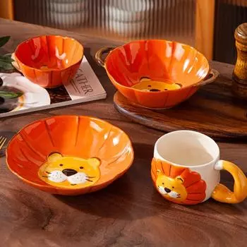 Керамическая миска в виде тыквы с рисунком льва из мультфильма Фруктовая чаша Столовая посуда Миски для лапши Рамен Тарелка для закусок и десертов Кухонные принадлежности