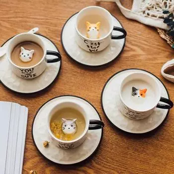 Керамические кофейные чашки и блюдца для пары, чашка для молока, милая кружка с девочкой-кошкой, простой литературный дневной чай 200ml