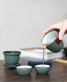 Керамический чайник Gaiwan с чайными сервизами на 2 чашки, портативный дорожный чайный сервиз с дорожной сумкой Style B
