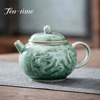 Керамический чайник Yue Kiln цвета селадона, 150 мл, ручная гравировка, чайник Даргон, маленький чайник с отверстием для фильтра, бытовой чайный сервиз кунг-фу 11.5x7.6cm 150m