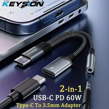 KEYSION 2 в 1, наушники типа C до 3,5 мм, ЦАП, аудио, тип C, разъем для наушников, адаптер PD 60 Вт, разветвитель для быстрой зарядки для iPhone 15 Pro чёрный