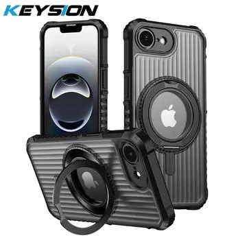 KEYSION Чехол-подставка с вращающимся на 360° кольцом для MagSafe для iPhone 16e 2025 Матовый прозрачный магнитный противоударный чехол для задней панели телефона for iPhone 16e чёрный