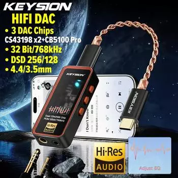 KEYSION Dual CS43198 DAC Audio HiFi Decoder 768 кГц DSD256 Type-C до 3,5/4,4 Adjust EQ Усилитель для наушников для Android iOS Win10 чёрный