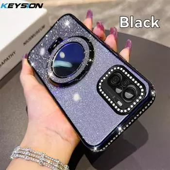 KEYSION Glitter Jewelled Magnetic Phone Case for Xiaomi M5S Makeup Mirror Stand Shockproof Cover for Redmi Note 10 10S 10 Pro 4G for POCO M5S чёрный