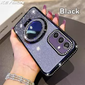 KEYSION Glitter Jewelled Magnetic Phone Case for Samsung Galaxy S25 Ultra 5G S24+ Plus S23 FE Makeup Mirror Stand Shockproof Cover for Galaxy S25 чёрный
