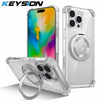KEYSION HD Прозрачный противоударный чехол MagSafe для iPhone 16 Pro Max 16 Plus 360 ° вращающийся магнитный чехол-подставка для телефона for iPhone 16 розовый