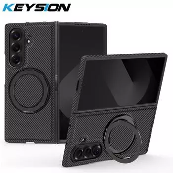 KEYSION Kevlar Carbon Fiber Texture Case for MagSafe for Samsung Galaxy Z Fold 7 6 5 4 3 360° Rotating Magnetic Ring Stand Phone Cover for Galaxy Z Fold 7 чёрный
