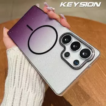 KEYSION Luxury Gradient Glitter Magnetic Phone Case for Samsung S22 S23 S25 Ultra S25+ Edge S24 FE Wireless Charging Shockproof Cover for Galaxy S25 чёрный
