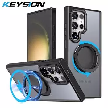 KEYSION Матовый чехол для Samsung Galaxy S24 Ultra 5G S24+ S23 FE 360 ° вращающееся магнитное кольцо прозрачный чехол для телефона for Galaxy S24 фиолетовый