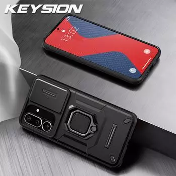 KEYSION Противоударный бронированный чехол для Samsung M56 5G Силикон+ПК Сдвижная защита кольца объектива камеры Чехол для телефона для Galaxy F56 5G for Samsung M56 5G чёрный