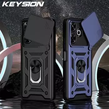 KEYSION Противоударный чехол для Redmi 13 Slide Push Pull, защитное кольцо для объектива камеры, подставка, задняя крышка для телефона Xiaomi POCO M6 4G for POCO M6 красный