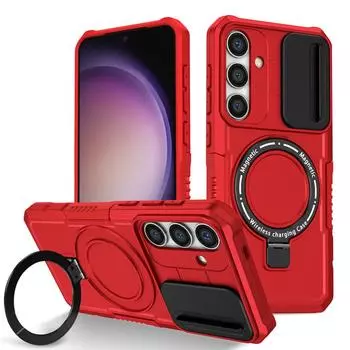 KEYSION Противоударный чехол MagSafe для Samsung Galaxy S24 FE 5G S25 Edge Magnetic Ring Stand Slide Camera Protection Phone Cover for Galaxy S24 FE красный