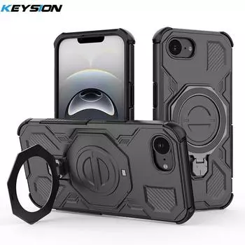 KEYSION Противоударный магнитный чехол для iPhone 16e Мягкий силикон+ПК Вертикальная живая металлическая кольцевая подставка Задняя крышка для телефона для iPhone 16e for iPhone 16e чёрный