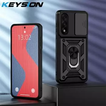 KEYSION Shockproof Armor Case for OnePlus Nord 5 5G Slide Camera Lens Protection Ring Stand Phone Cover for One Plus 1+ Nord 5 for OnePlus Nord 5 чёрный