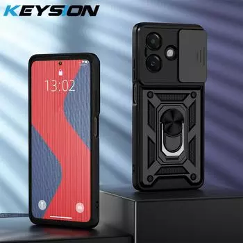 KEYSION Shockproof Case for OPPO A5i Soft Silicone+PC Slide Camera Lens Protection Metal Ring Stand Phone Cover for OPPO A5i for OPPO A5i чёрный