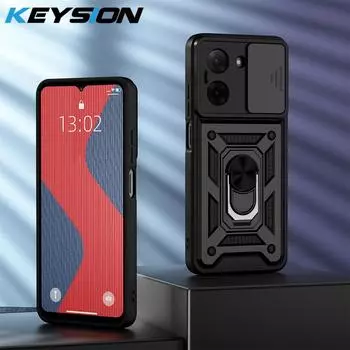 KEYSION Shockproof Case for Redmi A5 4G Silicone+PC Slide Camera Lens Protection Ring Stand Phone Back Cover for Xiaomi POCO C71 for Redmi A5 чёрный