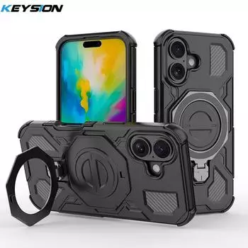 KEYSION Shockproof Magnetic Case for iPhone 16 Pro Max 16 Plus Upright Live Metal Ring Stand Phone Cover for iPhone 15 Pro Max for iPhone 16 чёрный
