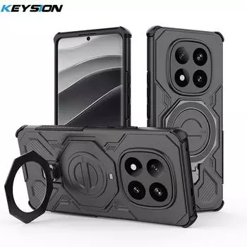 KEYSION Shockproof Magnetic Case for Redmi Note 14 Pro+ 5G Upright Live Metal Ring Stand Phone Back Cover for Xiaomi POCO X7 5G for Redmi Note 14 Pro 5G чёрный