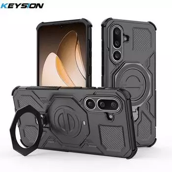 KEYSION Shockproof Magnetic Case for Samsung M56 5G Silicone+PC Upright Live Metal Ring Stand Phone Back Cover for Galaxy F56 5G for Samsung M56 5G чёрный