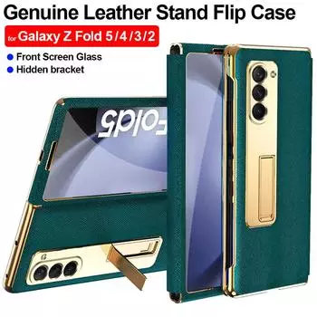Kickstand Case Genuine Leather Stand Flip Fundas for Samsung Galaxy Z Fold 5 4 3 2 5g Case Front Screen Glass Invisible Holder Back Cover For Samsung Z Fold 5 зелёный