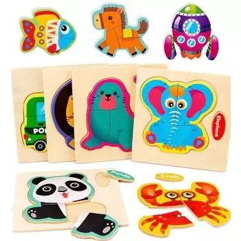 Kids 3D Puzzles 10.3Cm Cartoon Animals Car Tangram Children Wooden Puzzle Toys Baby Educational Early Learning Wood Gifts