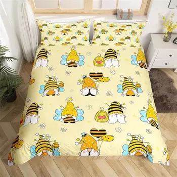 Kids Cartoon Bee Gnomes Duvet Cover King Size White Daisy Floral Bedding Set Cute Honey Bee Comforter Cover For Boys Girls Room EU single(135x200cm)