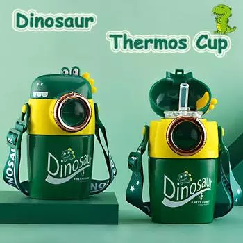 Kids Cartoon Thermos Cup 316L Stainless Steel Creative Dinosaur Camera Shape Small Kettle With Straw Back Strap Vacuum Jug 201-300ml зелёный