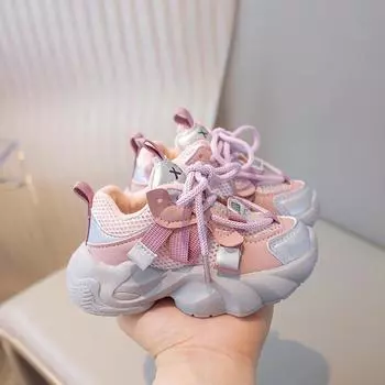 Kids Casual Sneakers with Cross Straps 2024 New Girls Fashion Mesh Sports Shoes Boys Versatile Running Shoes Wear-resistant 22 розовый