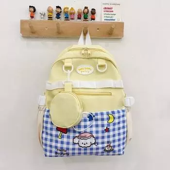 Kids Large Capacity Backpack With Grid And Cartoon Dog Print Design Daily For