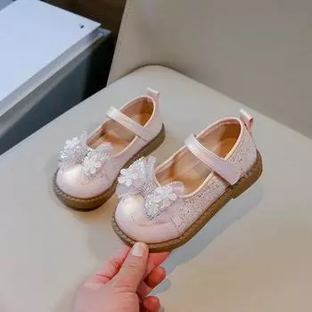 Kids Leather Shoe Patchwork Sequins Princess Shoes for Girls Round-toe Fashion Children Sweet School Flat Shoes for Performance 23 розовый