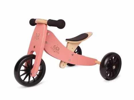 Kinderfeets Tiny Tot 2in1 Деревянный велосипед Доступно в более чем 20 странах мира Соответствует 4 стандартам безопасности Регулируемое сиденье Безвоздушные шины коралл розовый