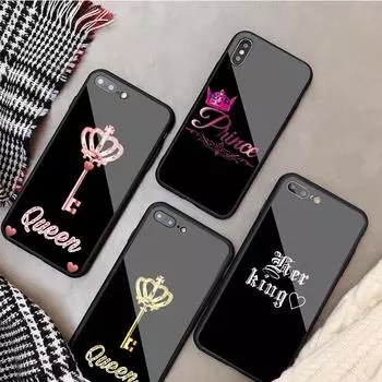 King Queen Tempered Glass Phone Case For iphone 12 11 Pro Max 5 6 7 8 PLUS X XS XR XSMax Shell 12Pro Cover Shell iPhone 5 5S SE