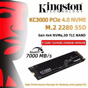 Kingston 1 ТБ SSD KC3000 PCIe 4.0 NVMe M.2 SSD 7000 МБ/с 512 ГБ/1 ТБ/2 ТБ/4 ТБ 3D TLC NAND DRAM кэш Высокопроизводительное хранилище для настольных ПК и ноутбуков KC3000/512GB