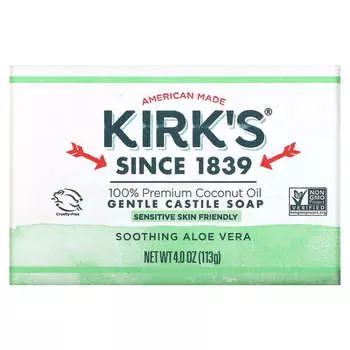 Kirk s, 100% кокосовое масло высшего качества, мягкое кастильское мыло, успокаивающее алоэ вера, 4 унции (113 г)