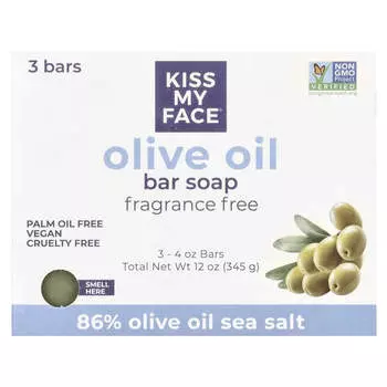 Kiss My Face, мыло с чистым оливковым маслом, без отдушек, 3 штуки, 4 унции (115 г) Каждый