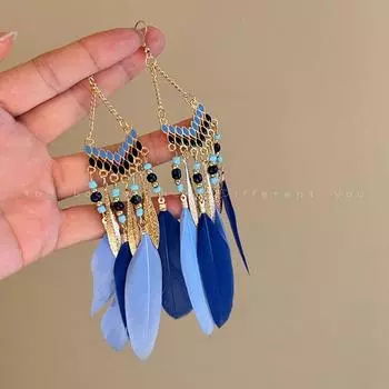 Кисточка Женские Ретро Длинные Серьги Синее Перо Blue feather tassel earrings