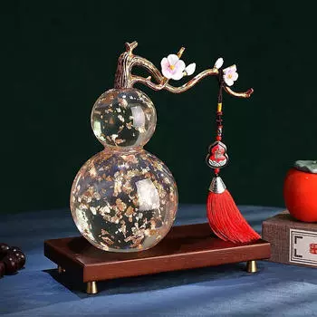Китайская статуэтка тыквы, скульптура из смолы, наполнение из золотой фольги с деревянной подставкой, украшение фен-шуй Hulu