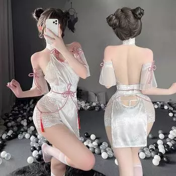 Китайская юбка Cheongsam, сексуальное нижнее белье с открытой спиной и высоким разрезом, мини-ночная рубашка Qipao One Size